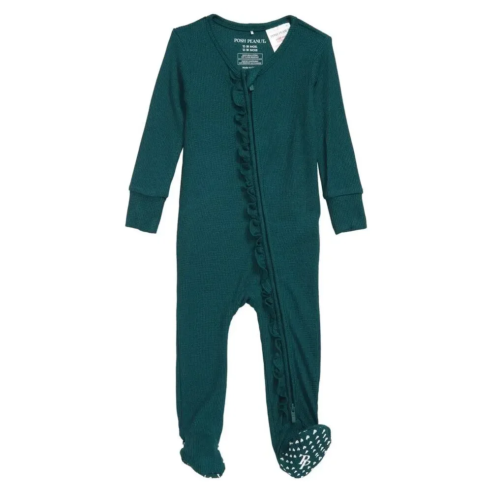 Posh Peanut Footie Ruffled Waffle Zippered One Piece Hunter Green 18-24 Months